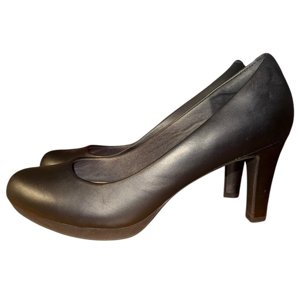 Clarks Collection Womens Black Leather Block Heels Comfort Cushion Shoes